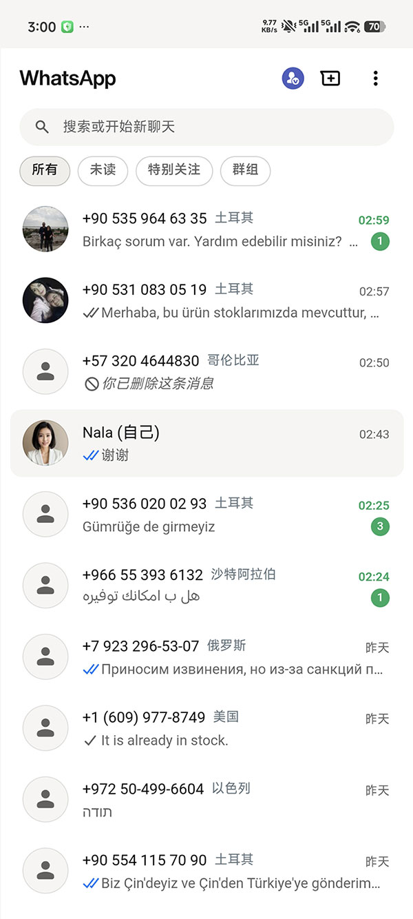 WATransChat 手机端 WhatsApp 会话列表界面预览
